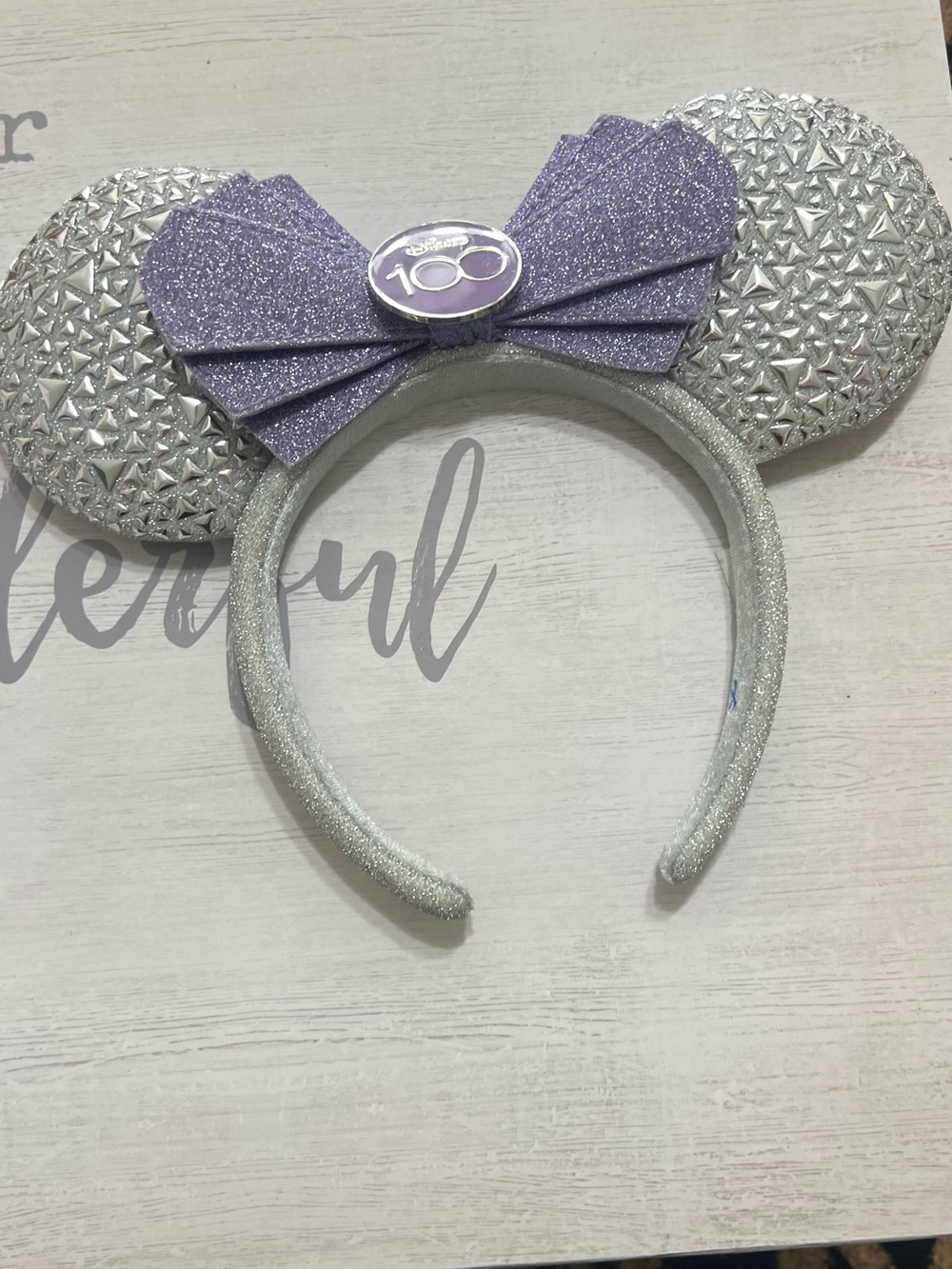 Disney Silver Glitter Minnie Ears Headband with Purple Bow